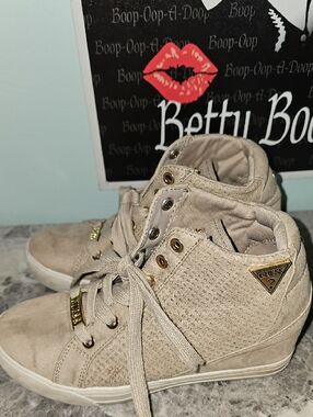 GUESS Taupe High-Top Sneakers with Gold Accents